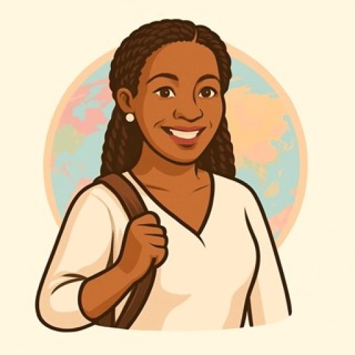 Illustrated portrait of a smiling Black woman with braided hair, wearing a white top and carrying a brown shoulder bag. A pastel globe in soft pinks and blues is in the background, suggesting a travel or global theme.